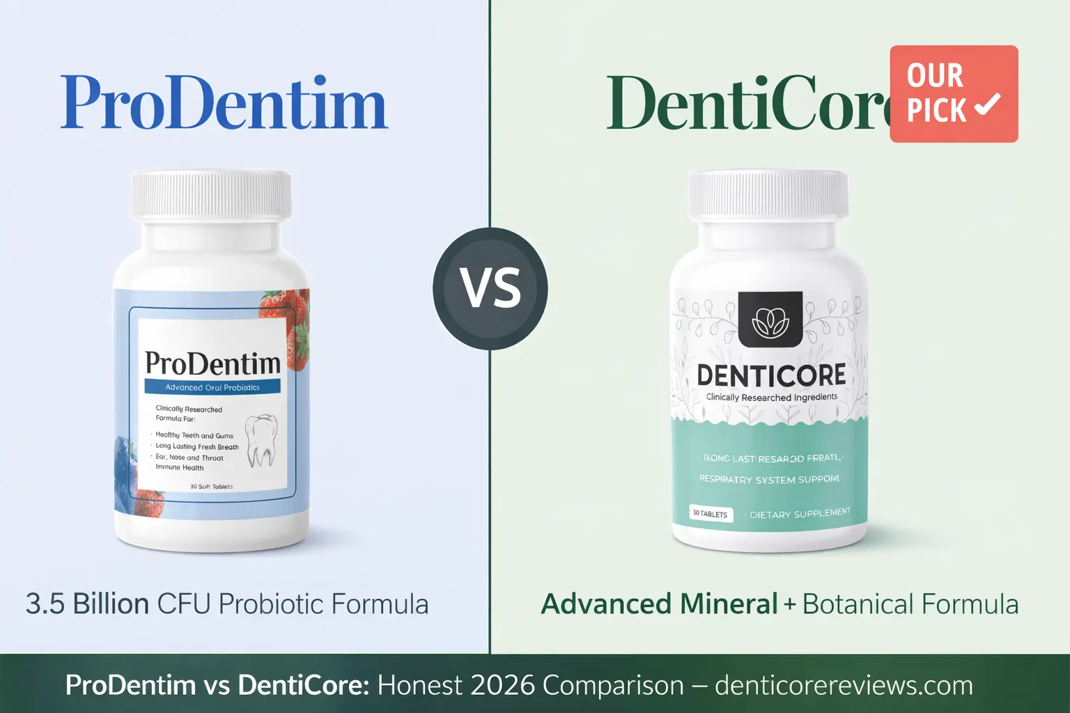 ProDentim vs DentiCore: 2026 comparison ProDentim vs DentiCore 2026 comparison — an oral probiotic next to an oxygenation-focused dental chewable